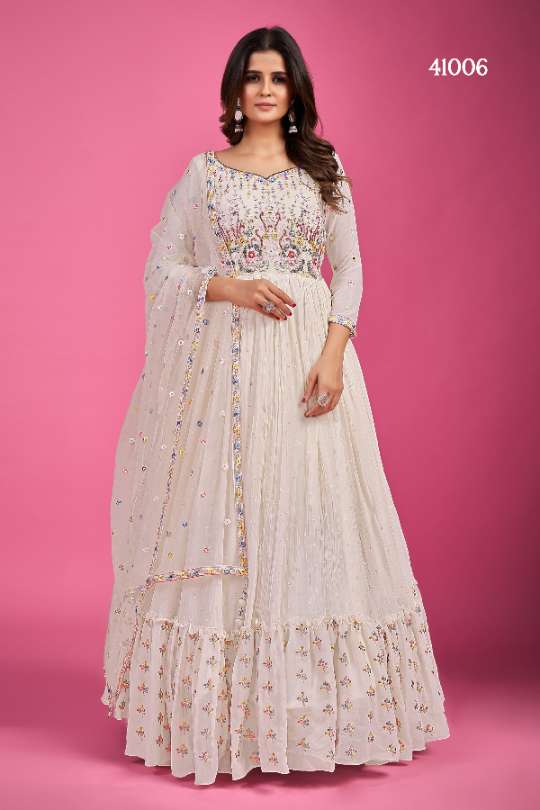 White Georgette Embroidery Work Party-Wear Readymade Gown With Dupatta