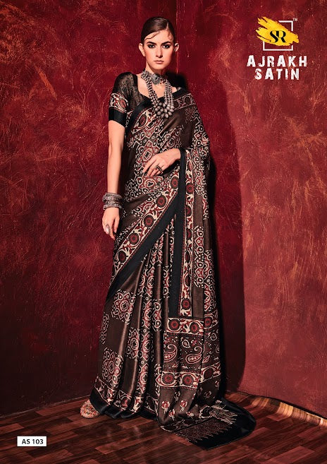 Beautiful Black Printed Crep Satin Silk Saree