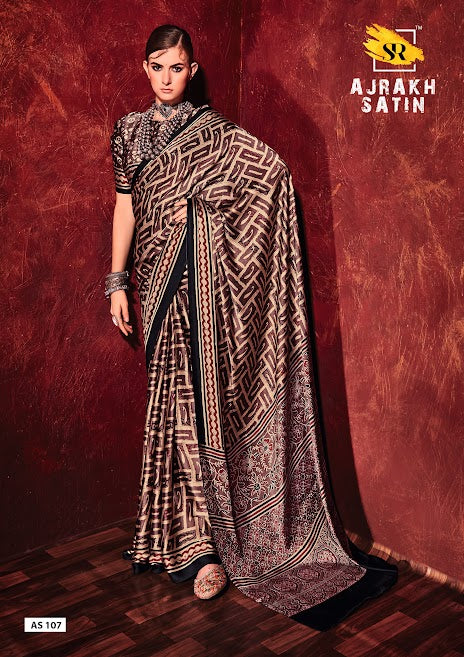 Beautiful Brown Printed Crep Satin Silk Saree