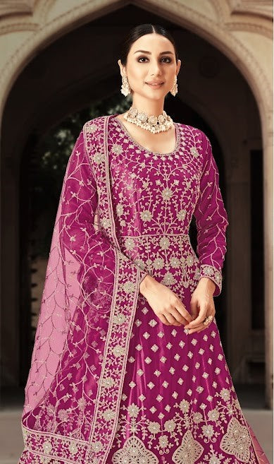 Magenta Embroidered Net Party Wear Anarkali Suit