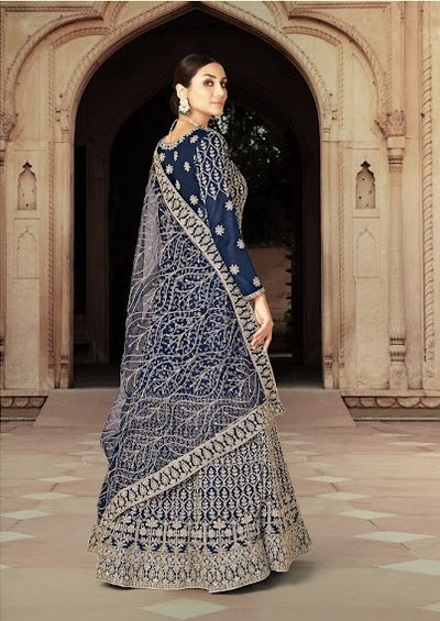 Navy Blue Anarkali Suit In Net With Dori Embroidery For Sangeet