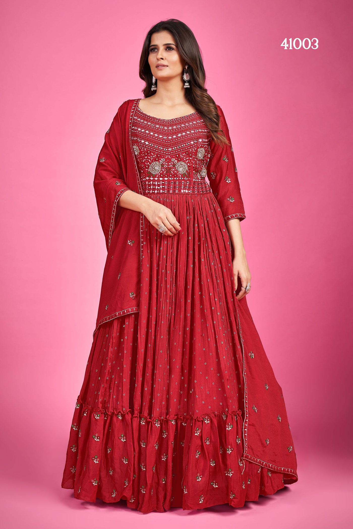 Red Anarkali Party Wear with thread and sequins work