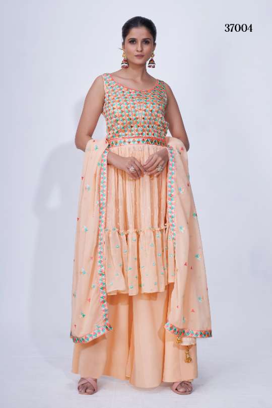 Graceful Peach Embroidery Party Wear Palazzo Suit