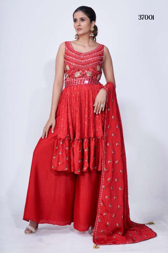 Red Chiffon Embroidery Party Wear Salwar Kameez