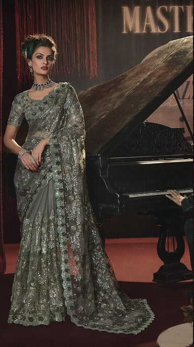 Mehndi Green Embroidered Net Party Wear Saree