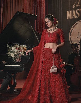 Red Embroidered Net Party Wear Saree