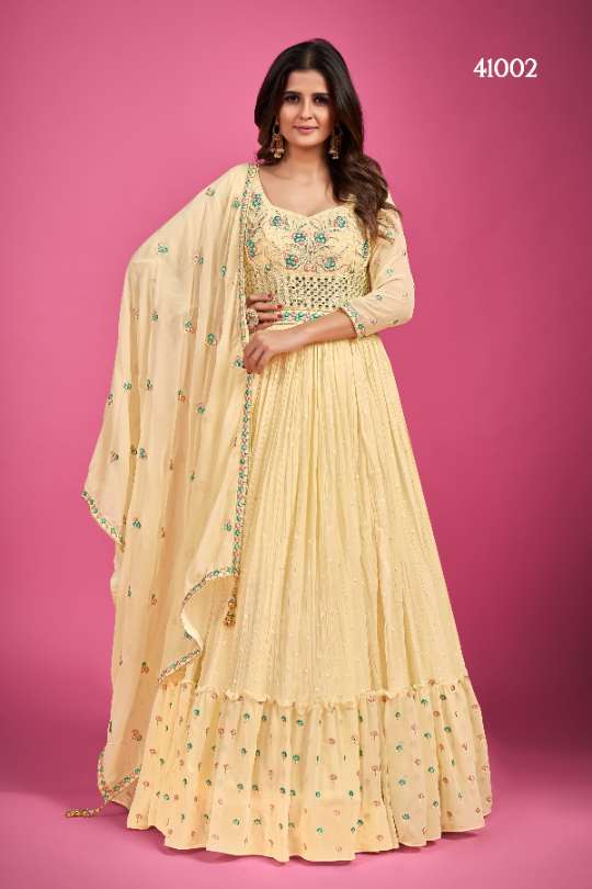Creamy Yellow Georgette Embroidery Party-Wear Readymade Gown With Dupatta