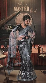 Black and Grey Embroidered Net Party Wear Saree