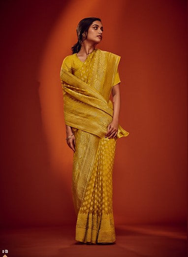 Georgette Reception Saree in Yellow with Weaving work