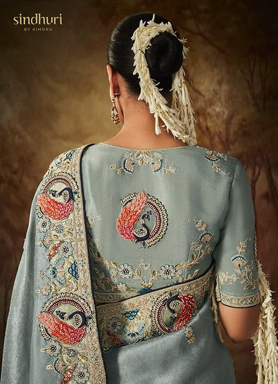 Sage Blue Kanjivaram Silk Hand Embroidered Wedding-Wear Saree