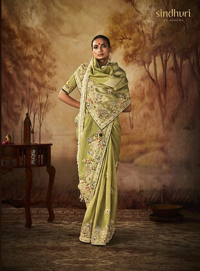 Light Olive Green Kanjivaram Silk Hand Embroidered Wedding-Wear Saree