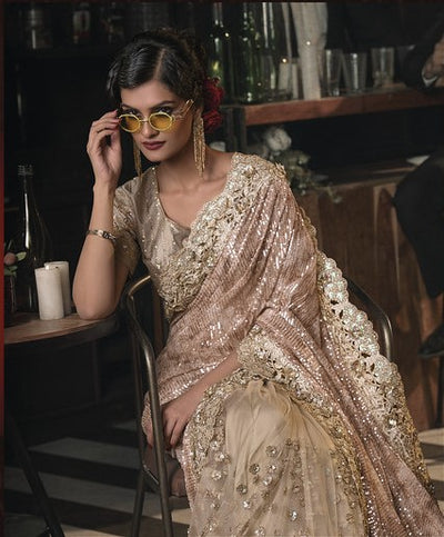 Imported Brown Sequins Embroidered Net Party Wear Saree