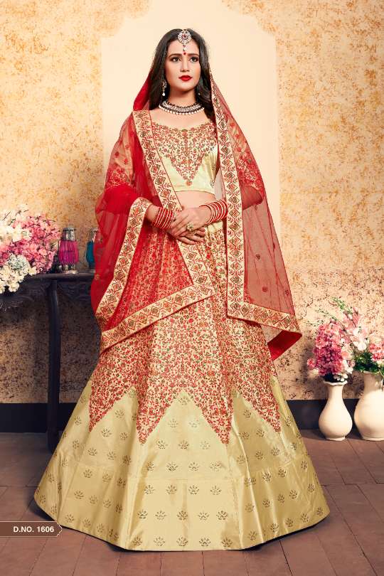Cream Satin Embroidered Semi Stitched Lehenga with Unstitched Blouse