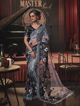 Black and Grey Embroidered Net Party Wear Saree
