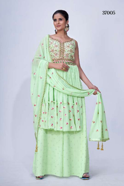 Green Embroidery Party Wear Palazzo Suit