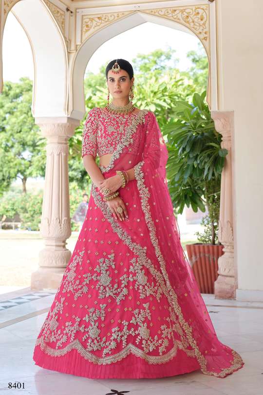 Pink Embroidered Net Wedding Wear Lehenga Choli