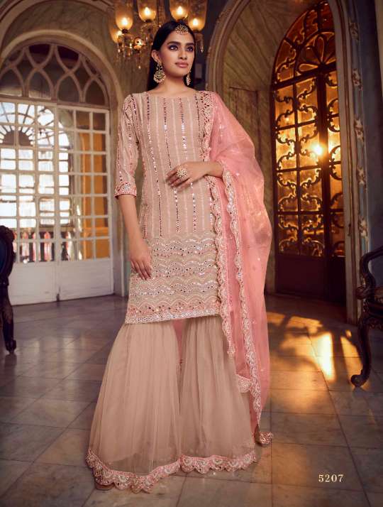 Pale Pink Organza Sharara Suit With Mirror Work