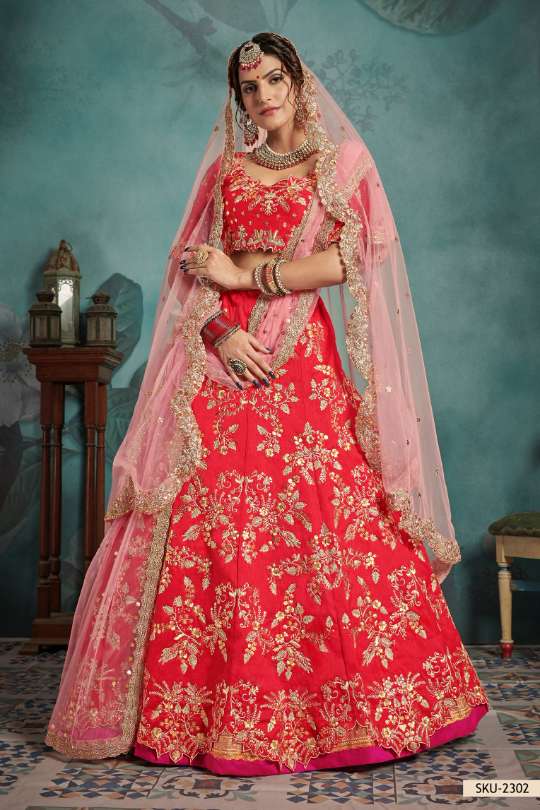 Red Pure Tafetta Lehenga Choli With Embroidery Pink Soft Net Dupatta