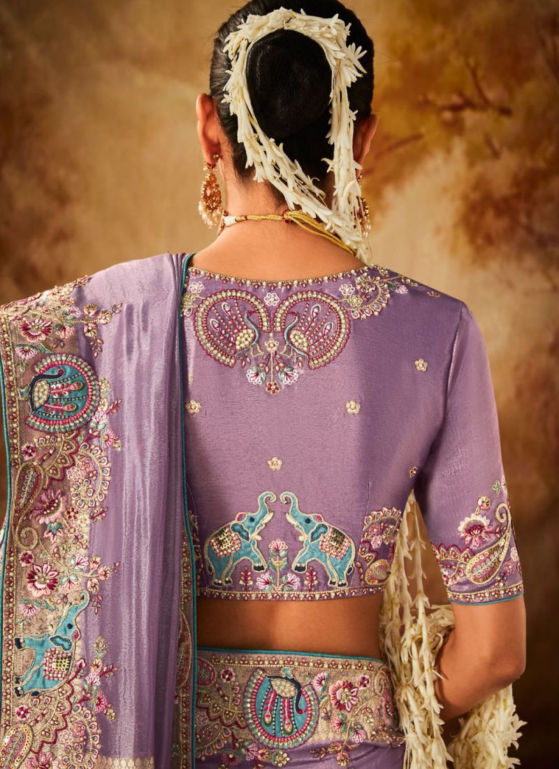 Lavender Color Kanjivaram Silk Embroidered Saree