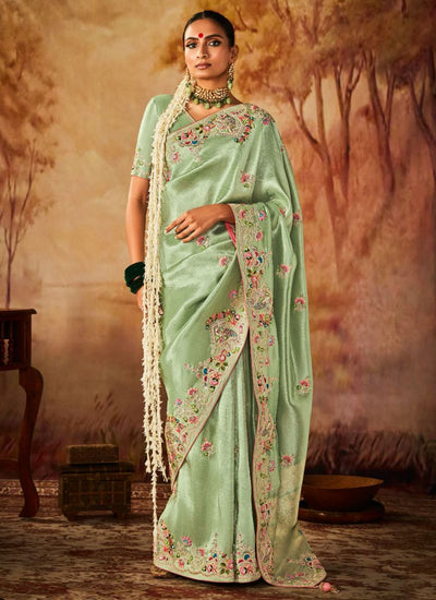 Sea Green Kanjivaram Silk Sequins Contemporary Saree