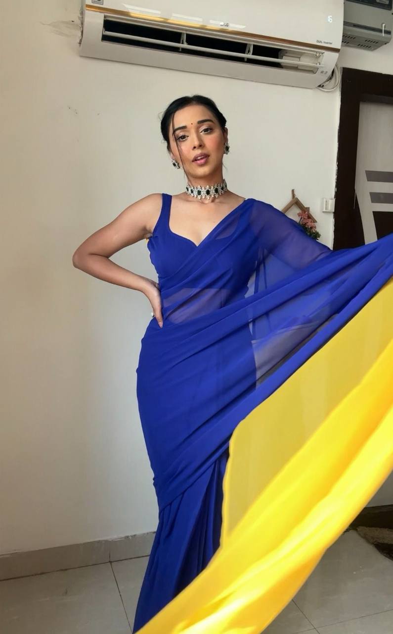 Blue And Yellow Exclusive Alia Inspired Designer Bollywood Saree