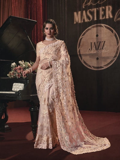 Peach Embroidered Net Party Wear Saree