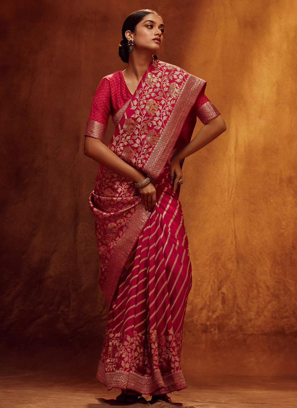 Woven Work Viscose Classic Sari In Pink For Ceremonial