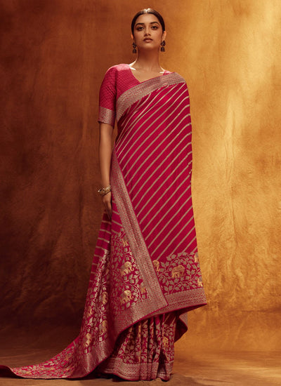 Woven Work Viscose Classic Sari In Pink For Ceremonial