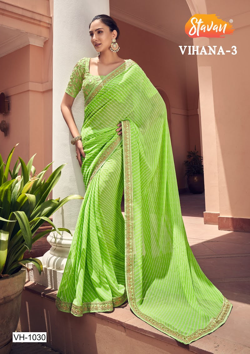 Exclusive Light Green  Georgette Laheriya  Print With Embroidery Border Work Sobar Saree