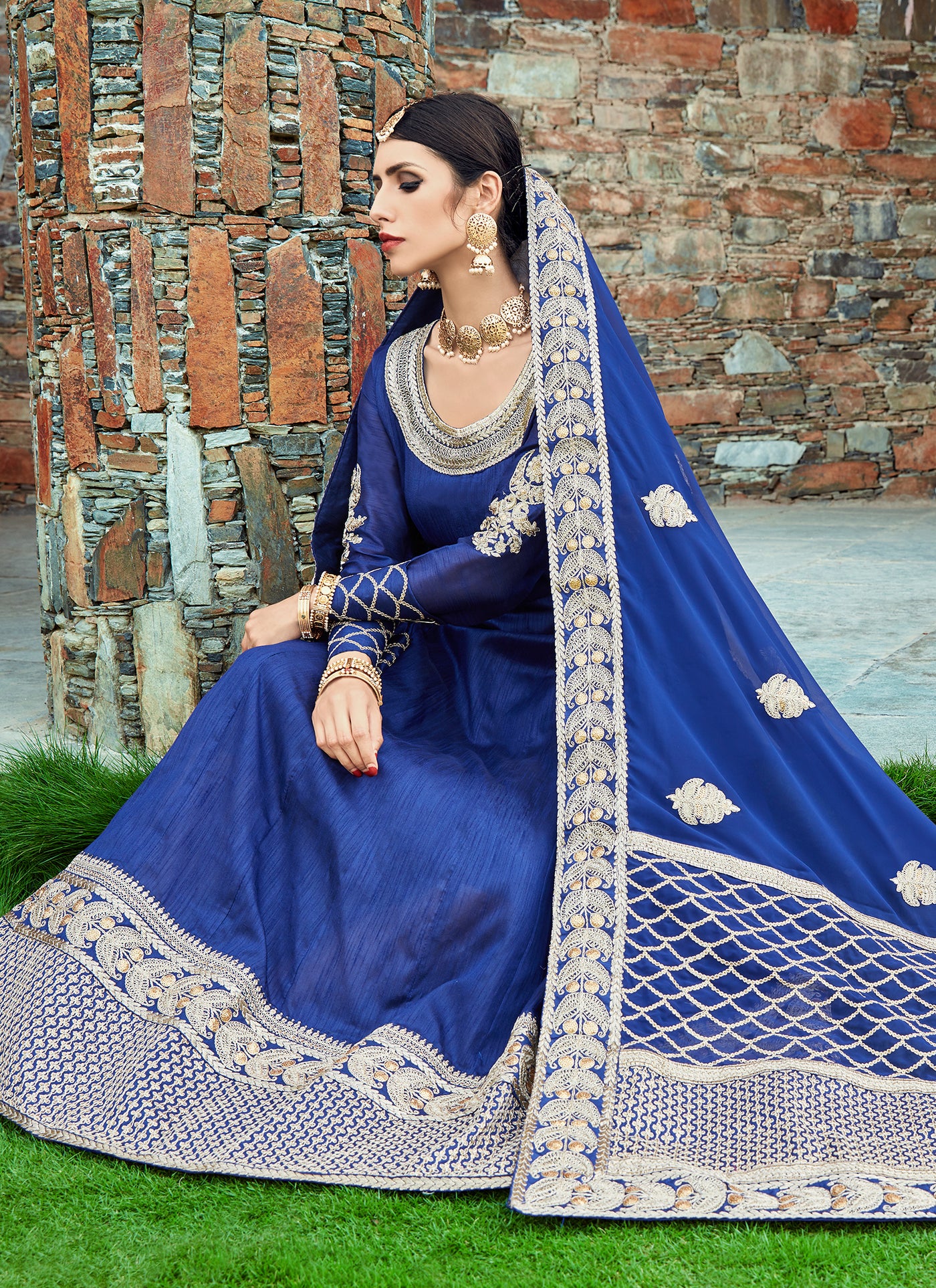 Navy Blue Art Silk Floor Length Readymade Dress