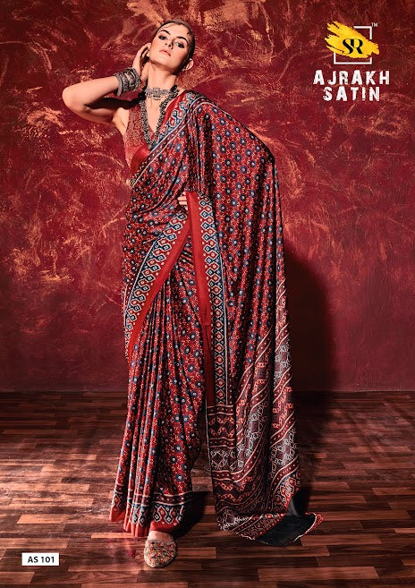 Beautiful Red Printed Crep Satin Silk Saree