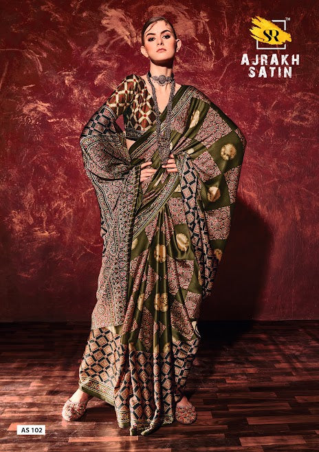 Beautiful Mehendi Printed Crep Satin Silk Saree