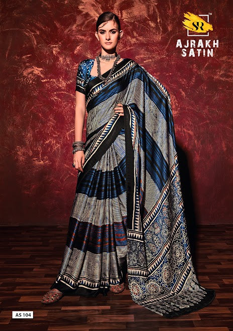 Beautiful Blue Printed Crep Satin Silk Saree