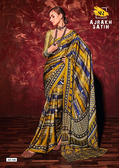 Beautiful Mehendi Printed Crep Satin Silk Saree