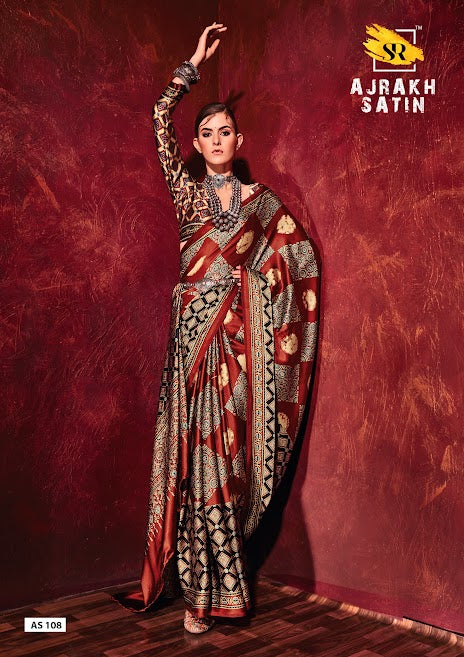 Beautiful Red and Brown Printed Crep Satin Silk Saree