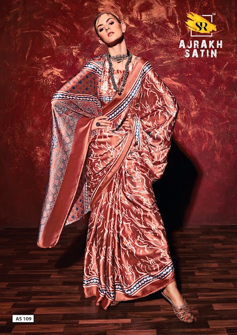 Beautiful Brown and white Printed Crep Satin Silk Saree