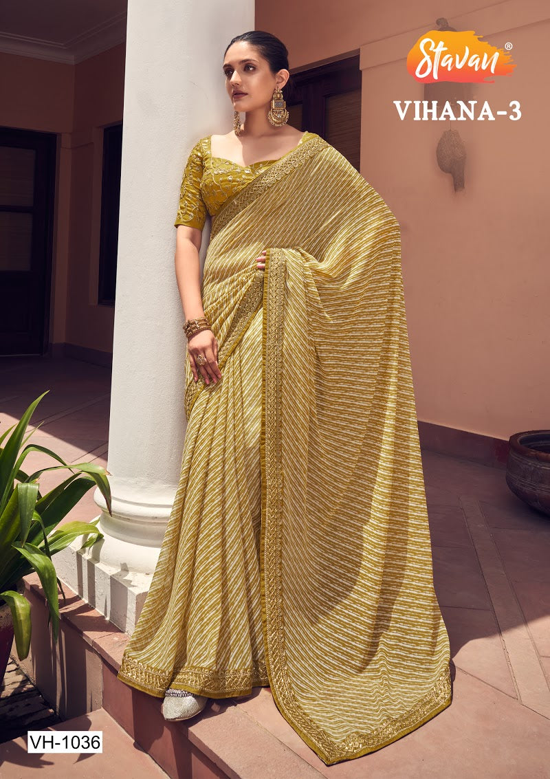 Exclusive Lime Green Georgette Laheriya  Print With Embroidery Border Work Sobar Saree