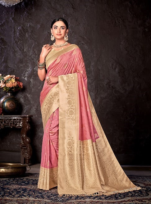 Exclusive Pink and Gold Banarsi Silk with Self Brasso Border Saree