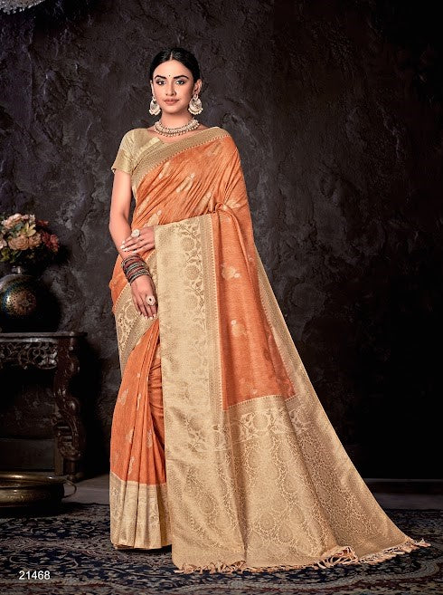 Exclusive Orange and Gold Banarsi Silk with Self Brasso Border Saree