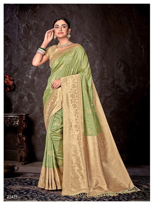 Green Silk with Self Brasso Border Saree With Blouse Piece