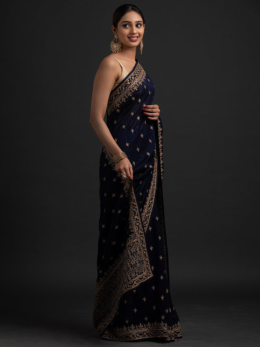 Delightful Navy Blue Dori And Sequins Embroidered Art Silk Traditional Saree
