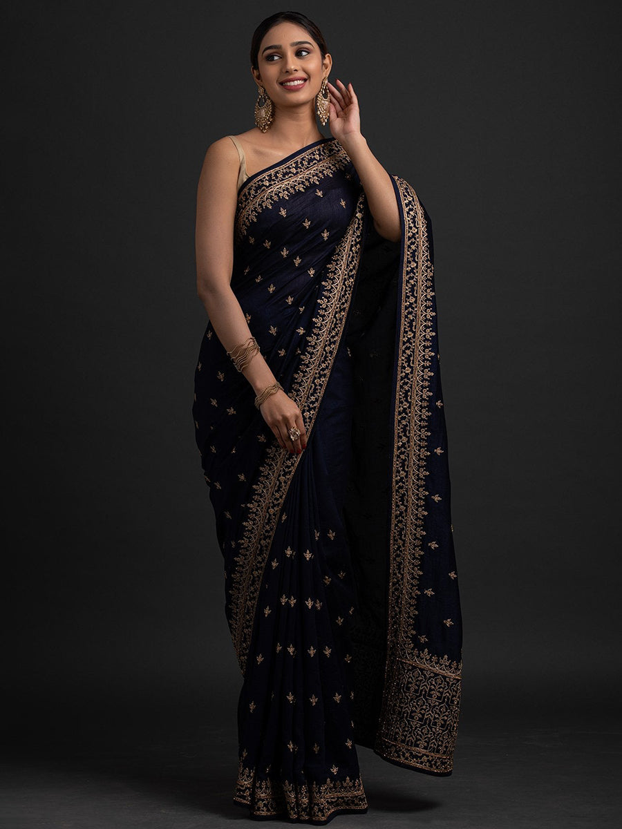 Delightful Navy Blue Dori And Sequins Embroidered Art Silk Traditional Saree