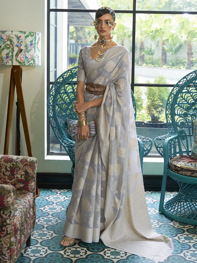 Light Grey Designer Chickankari Sequins Ceremonial Saree
