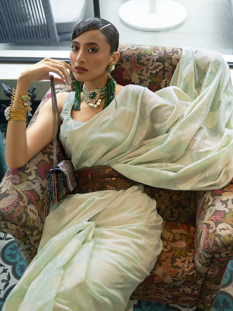 Light Green Designer Chickankari Party Wear Sequins Saree