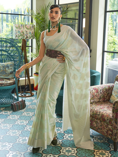 Light Green Designer Chickankari Party Wear Sequins Saree