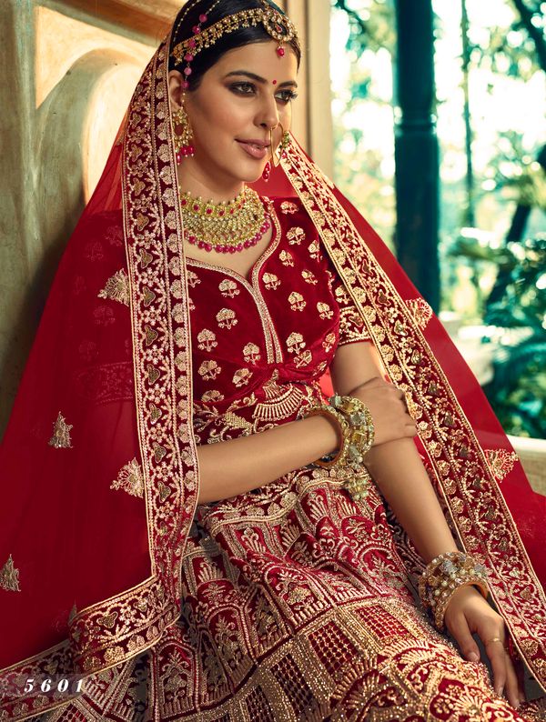 Maroon Velvet Bridal Lehenga Choli With Zari Dori Embroidery And Lace Sheer Dupatta
