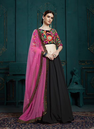 Black Soft Net Lehenga with Embellished Thread Work on Choli and Sheer Dupatta