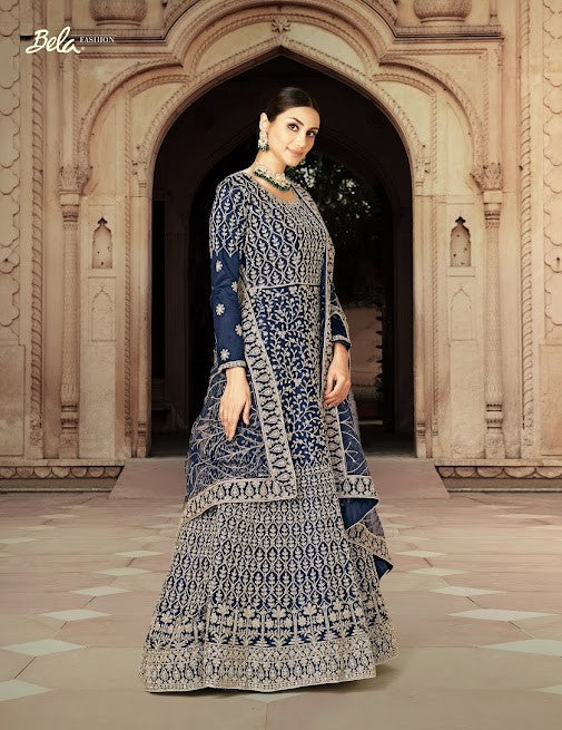Navy Blue Anarkali Suit In Net With Dori Embroidery For Sangeet