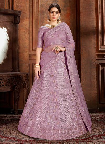 Purple Soft Net Heavy Designer With Thread Work Lehenga Choli For Wedding Wear