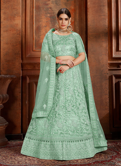 Pista Green Soft Net Wedding Wear Lehenga Choli